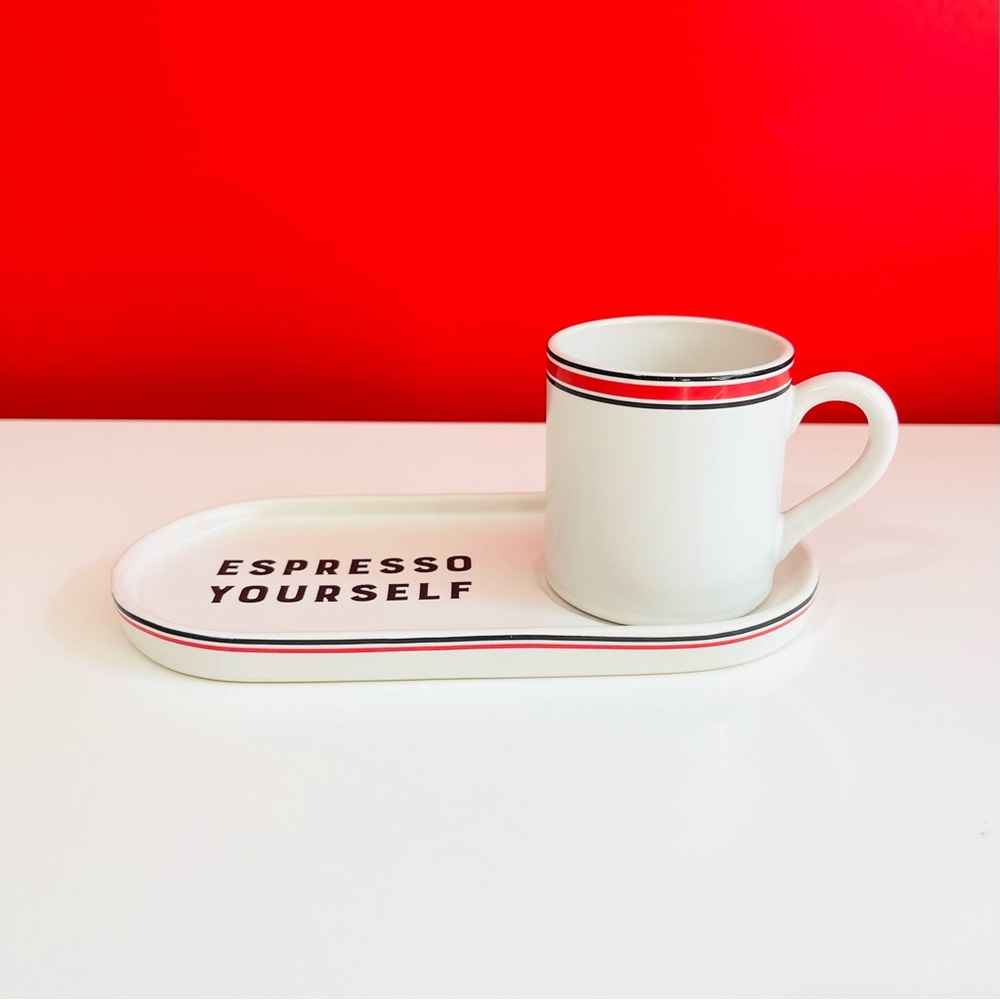Indigo “Espresso Yourself” Espresso Cup and Snack Tray Set